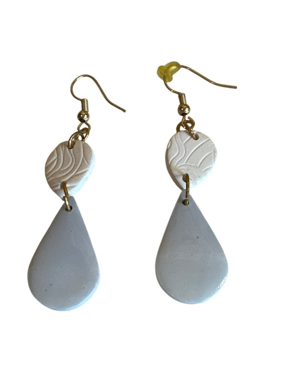 Handmade White & Gray Polymer Clay Drop Earrings Textured Oval Boho Minimalist